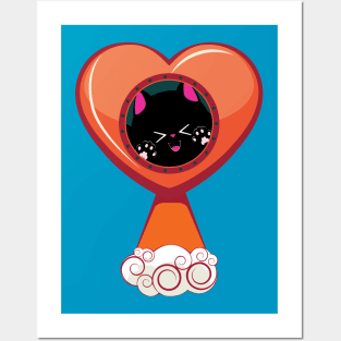 Black cat fly inside heart shaped rocket Posters and Art